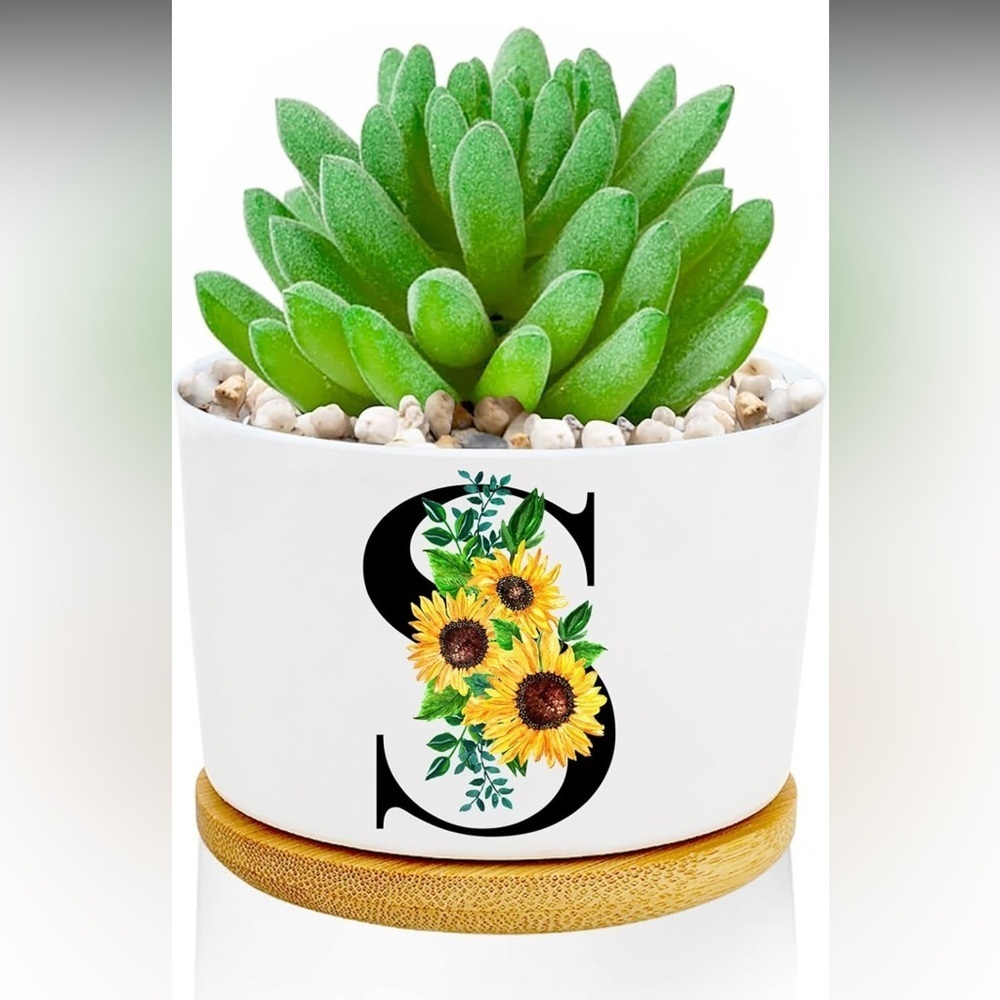White Planter with Sunflower Design S